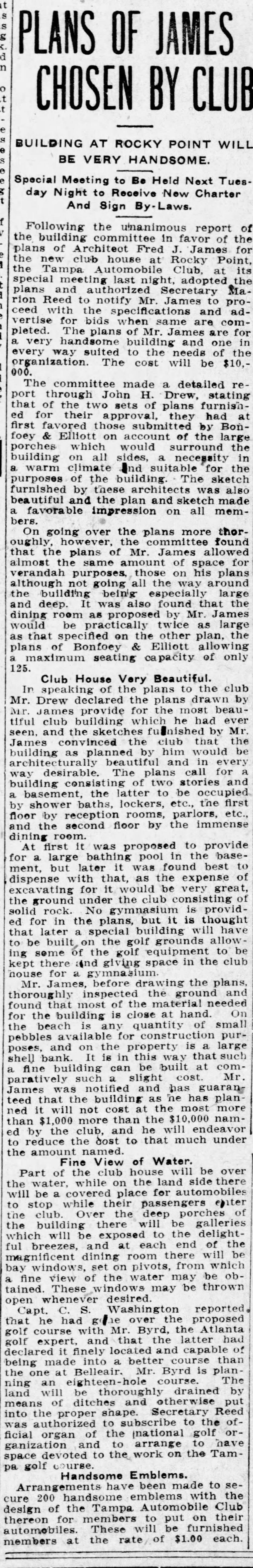Plans of James Chosen by Club - Jul 16, 1910 Tampa Tribune