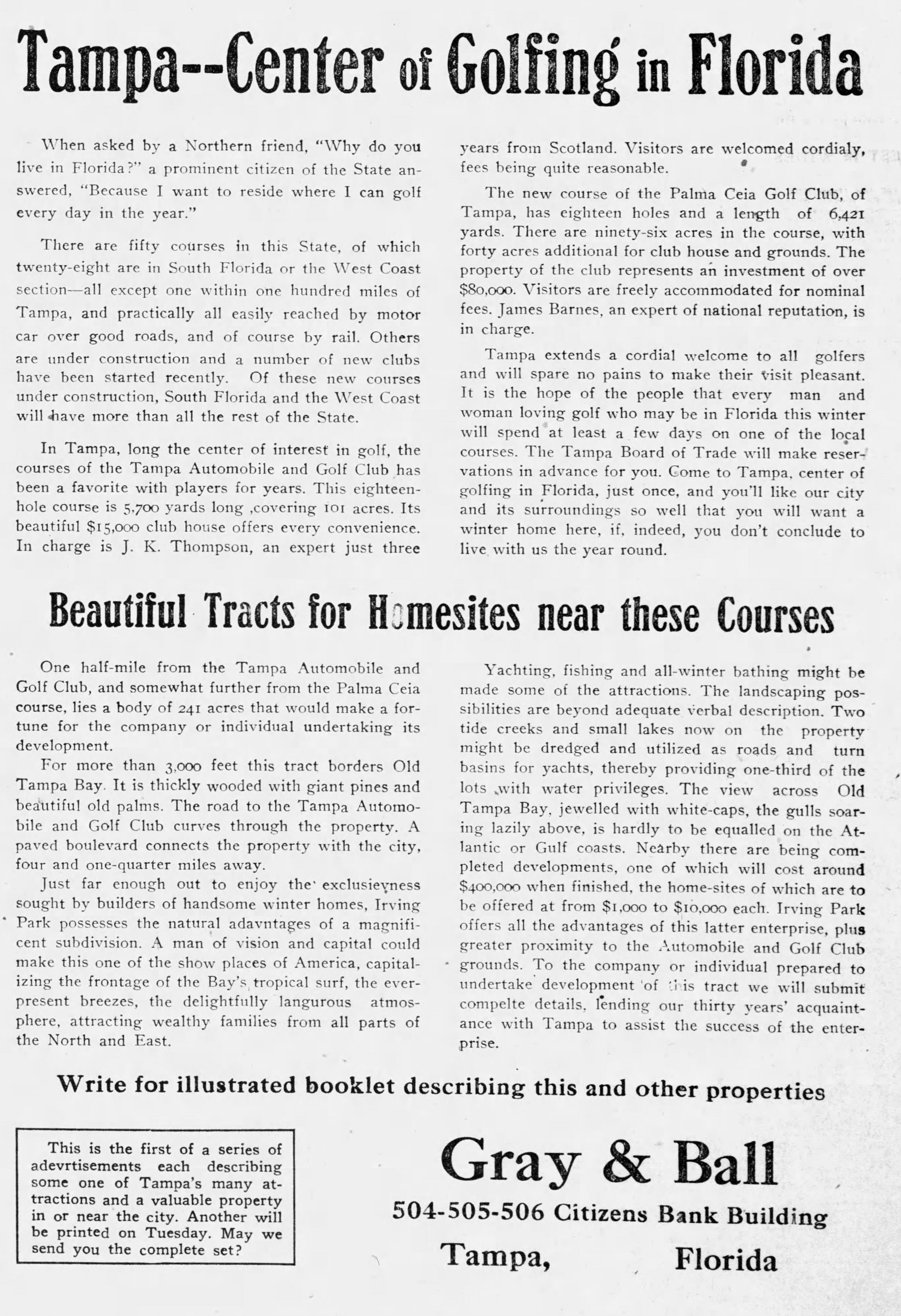 Beautiful Tracts for Homesites near these Courses - Feb 4, 1917 Tampa Tribune